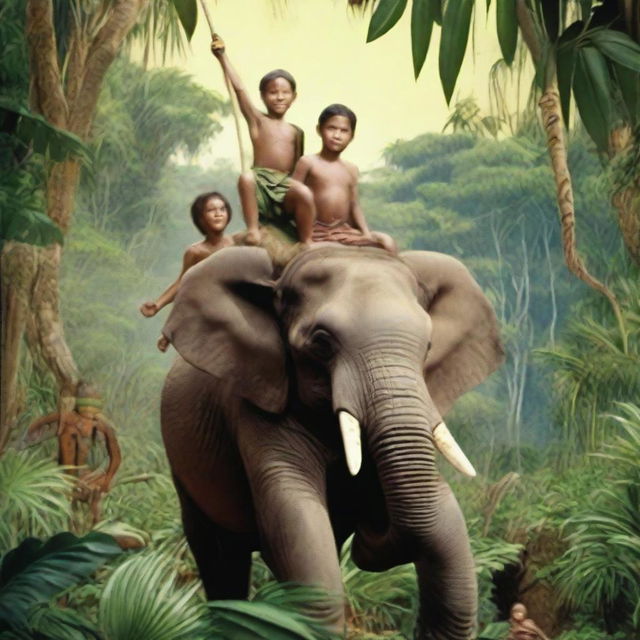 A scene from the jungle with a brave boy astride an elephant, surrounded by native Hawaiians.