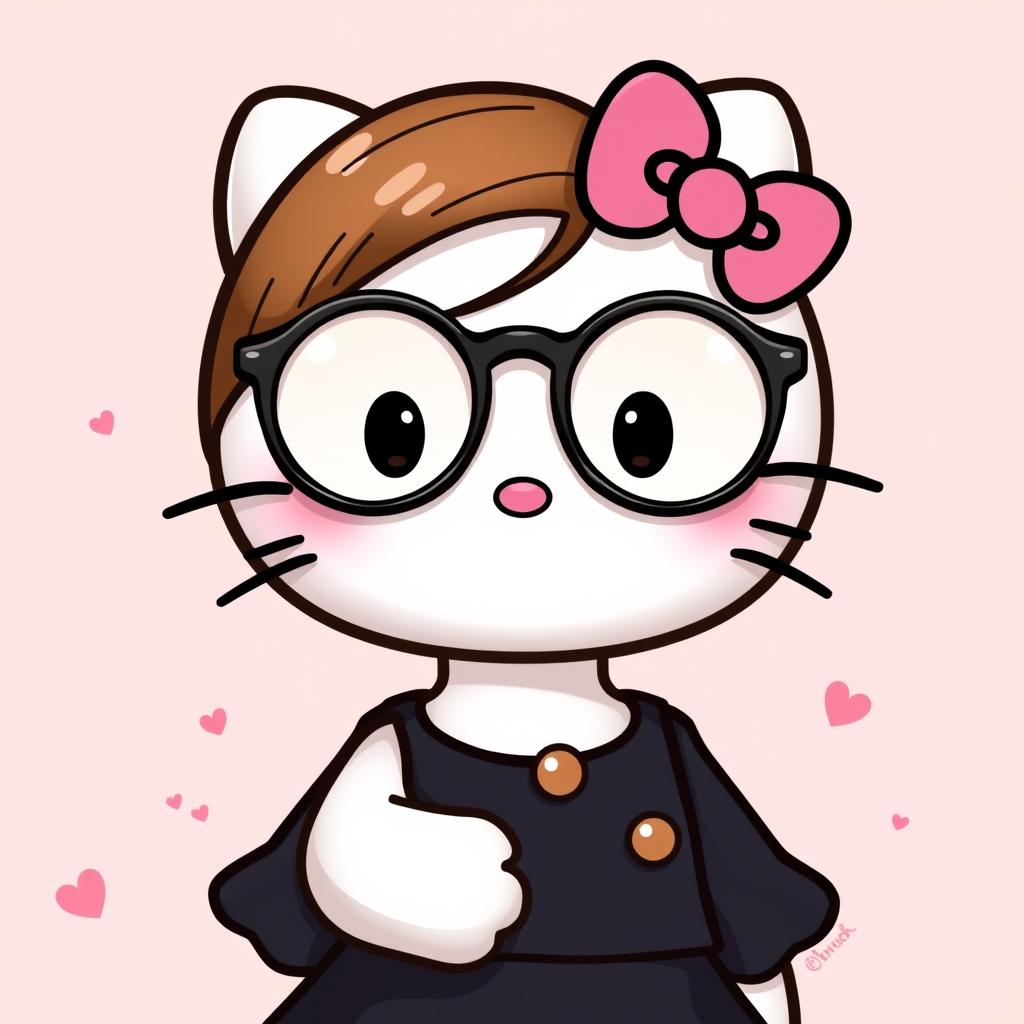 Hello Kitty wearing round glasses, with brown hair styled neatly, dressed in a stylish black dress