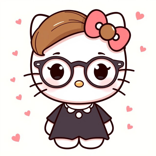 Hello Kitty wearing round glasses, with brown hair styled neatly, dressed in a stylish black dress