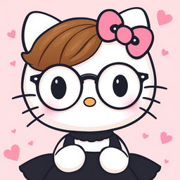 Hello Kitty wearing round glasses, with brown hair styled neatly, dressed in a stylish black dress