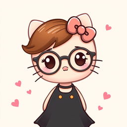 Hello Kitty wearing round glasses, with brown hair styled neatly, dressed in a stylish black dress