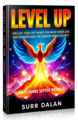 A vibrant and flashy book cover for a self-improvement book titled "Level Up: Unleash Your Inner Power and Conquer the Modern World" by Surr Dalan