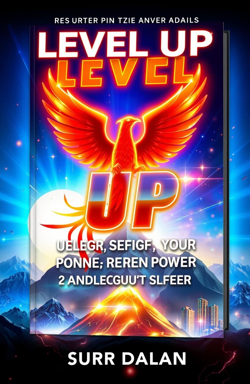 A vibrant and flashy book cover for a self-improvement book titled "Level Up: Unleash Your Inner Power and Conquer the Modern World" by Surr Dalan