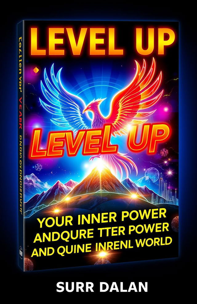 A vibrant and flashy book cover for a self-improvement book titled "Level Up: Unleash Your Inner Power and Conquer the Modern World" by Surr Dalan