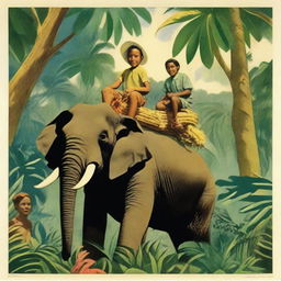 A scene from the jungle with a brave boy astride an elephant, surrounded by native Hawaiians.