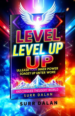 A vibrant and flashy book cover for a self-improvement book titled "Level Up: Unleash Your Inner Power and Conquer the Modern World" by Surr Dalan
