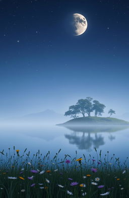 A serene and picturesque landscape displaying a waning moon in a night sky, surrounded by twinkling stars