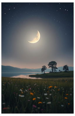 A serene and picturesque landscape displaying a waning moon in a night sky, surrounded by twinkling stars