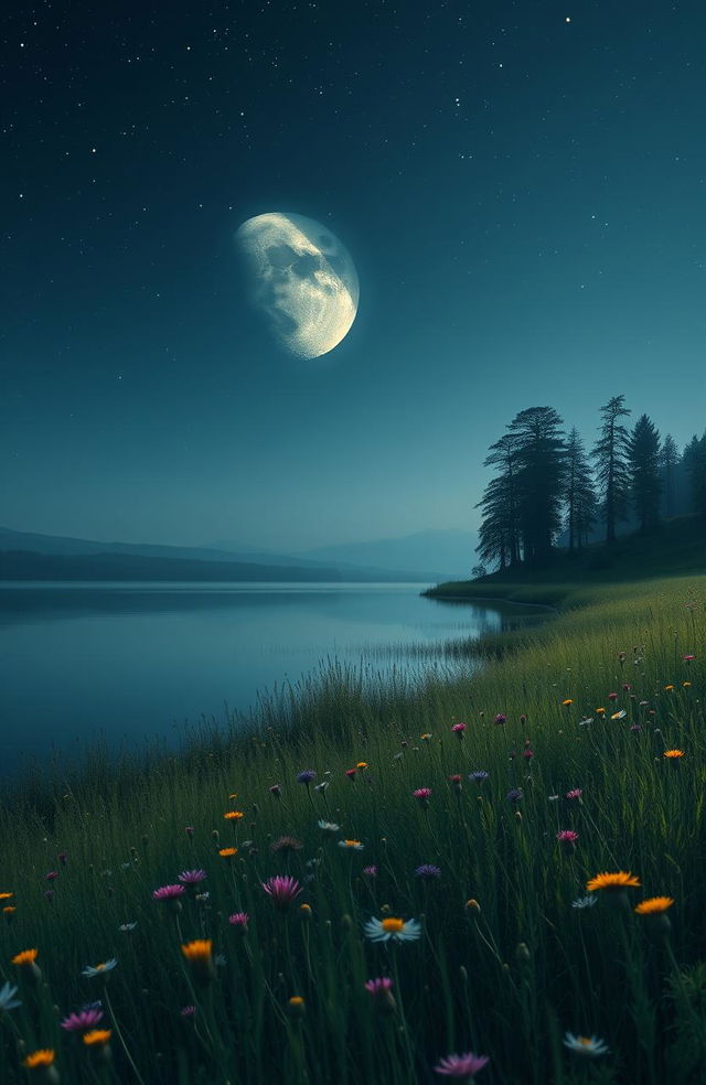 A serene and picturesque landscape displaying a waning moon in a night sky, surrounded by twinkling stars