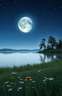 A serene and picturesque landscape displaying a waning moon in a night sky, surrounded by twinkling stars