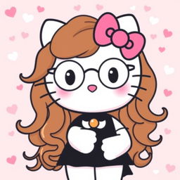 Hello Kitty with long curly brown hair, wearing round glasses and a fashionable black dress