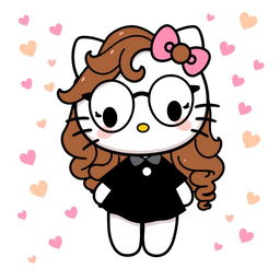 Hello Kitty with long curly brown hair, wearing round glasses and a fashionable black dress