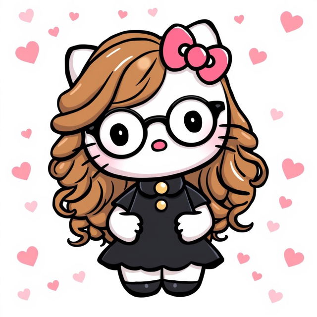 Hello Kitty with long curly brown hair, wearing round glasses and a fashionable black dress