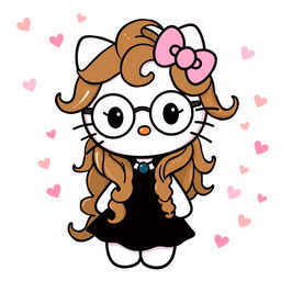 Hello Kitty with long curly brown hair, wearing round glasses and a fashionable black dress