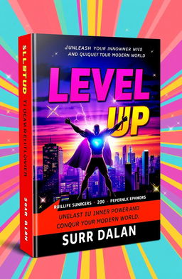 A vibrant and flashy book cover design for 'Level Up: Unleash Your Inner Power and Conquer the Modern World' by Surr Dalan