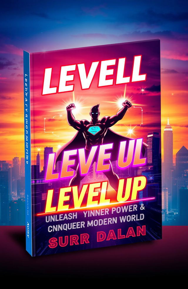 A vibrant and flashy book cover design for 'Level Up: Unleash Your Inner Power and Conquer the Modern World' by Surr Dalan