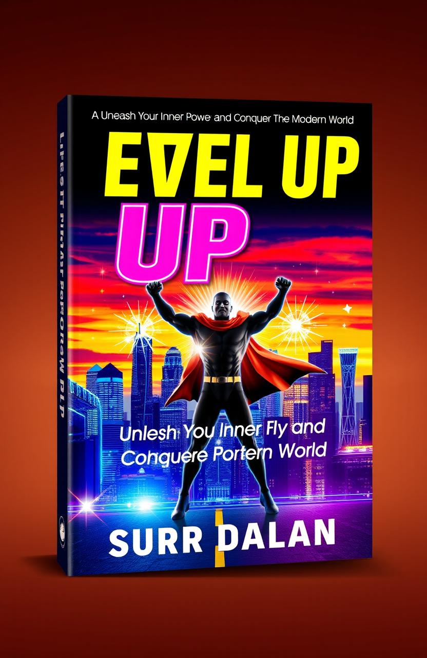 A vibrant and flashy book cover design for 'Level Up: Unleash Your Inner Power and Conquer the Modern World' by Surr Dalan