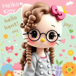 Hello Kitty with long, almond-shaped curly hair, wearing round glasses and having a nose piercing