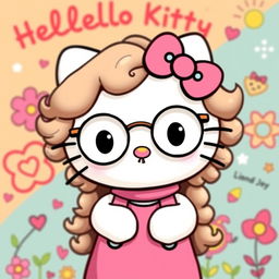 Hello Kitty with long, almond-shaped curly hair, wearing round glasses and having a nose piercing