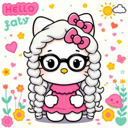 Hello Kitty with long, almond-shaped curly hair, wearing round glasses and having a nose piercing