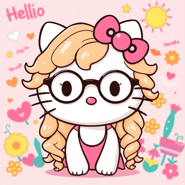 Hello Kitty with long, almond-shaped curly hair, wearing round glasses and having a nose piercing