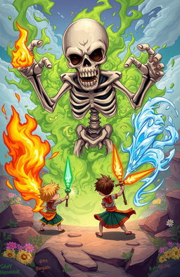 Three children wielding mystical weapons: one with an Agniastra (fire weapon), another with a Jalastra (water weapon), and the last with a Vayuastra (air weapon), valiantly attacking a massive, grotesque skeleton surrounded by green smoke