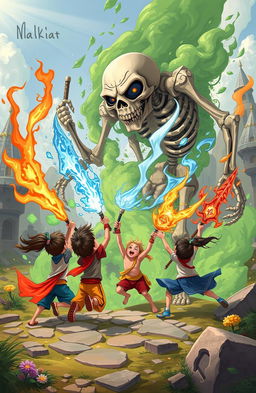 Three children wielding mystical weapons: one with an Agniastra (fire weapon), another with a Jalastra (water weapon), and the last with a Vayuastra (air weapon), valiantly attacking a massive, grotesque skeleton surrounded by green smoke