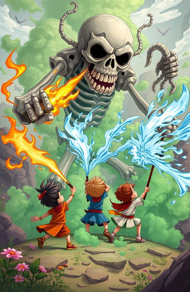 Three children wielding mystical weapons: one with an Agniastra (fire weapon), another with a Jalastra (water weapon), and the last with a Vayuastra (air weapon), valiantly attacking a massive, grotesque skeleton surrounded by green smoke