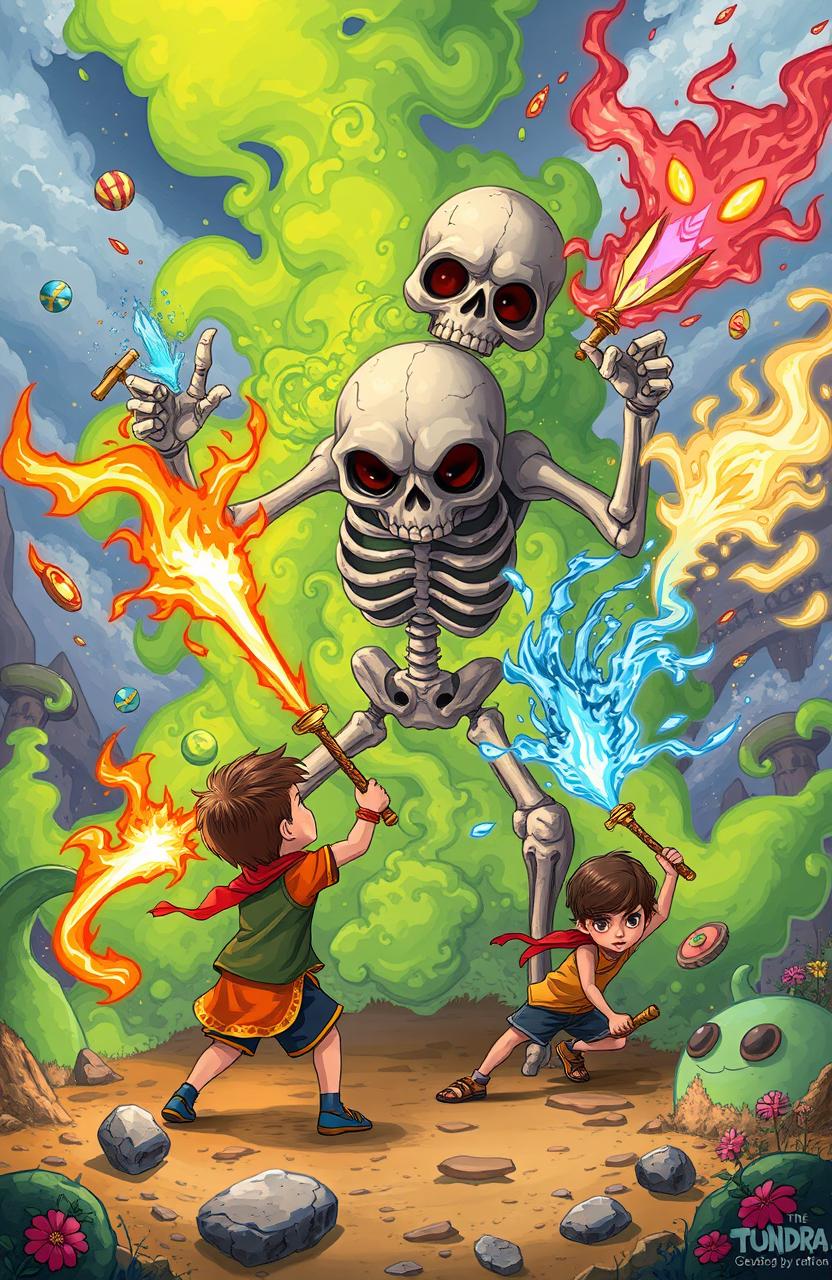 Three children wielding mystical weapons: one with an Agniastra (fire weapon), another with a Jalastra (water weapon), and the last with a Vayuastra (air weapon), valiantly attacking a massive, grotesque skeleton surrounded by green smoke