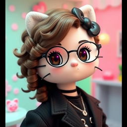 Hello Kitty with long, almond-shaped curly hair, wearing round glasses and having a nose piercing