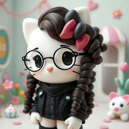 Hello Kitty with long, almond-shaped curly hair, wearing round glasses and having a nose piercing