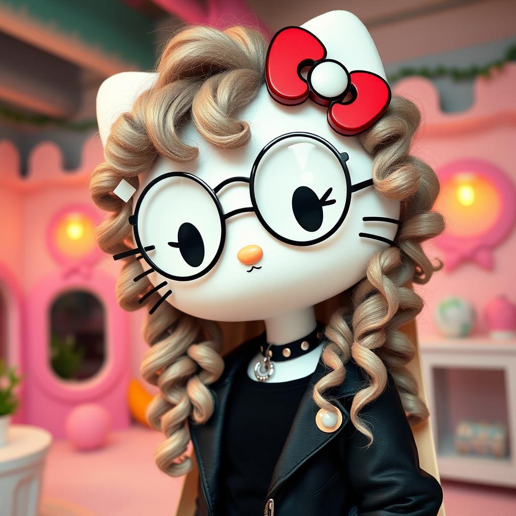 Hello Kitty with long, almond-shaped curly hair, wearing round glasses and having a nose piercing