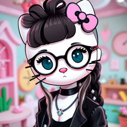 Hello Kitty with long, almond-shaped curly hair, wearing round glasses and having a nose piercing