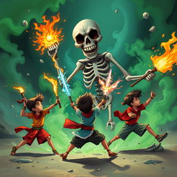 Three children bravely harnessing the powers of their mystical weapons: one child with an Agniastra (fire weapon), another wielding a Jalastra (water weapon), and the last with a Vayuastra (air weapon), as they energetically attack a gigantic, comical skeleton surrounded by swirling green smoke