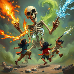 Three children bravely harnessing the powers of their mystical weapons: one child with an Agniastra (fire weapon), another wielding a Jalastra (water weapon), and the last with a Vayuastra (air weapon), as they energetically attack a gigantic, comical skeleton surrounded by swirling green smoke