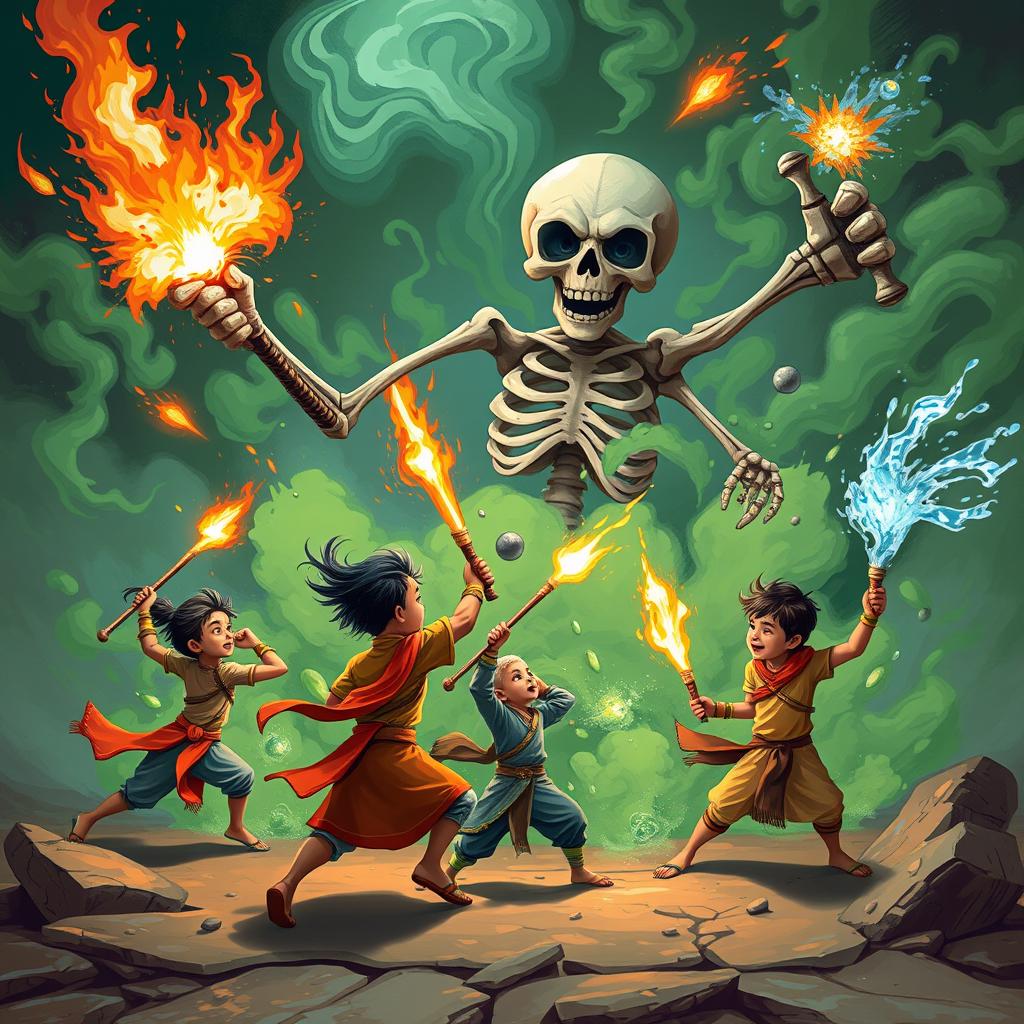 Three children bravely harnessing the powers of their mystical weapons: one child with an Agniastra (fire weapon), another wielding a Jalastra (water weapon), and the last with a Vayuastra (air weapon), as they energetically attack a gigantic, comical skeleton surrounded by swirling green smoke