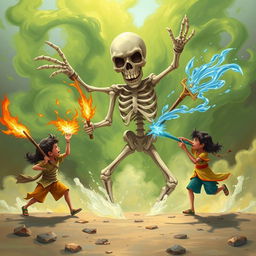 Three children bravely harnessing the powers of their mystical weapons: one child with an Agniastra (fire weapon), another wielding a Jalastra (water weapon), and the last with a Vayuastra (air weapon), as they energetically attack a gigantic, comical skeleton surrounded by swirling green smoke