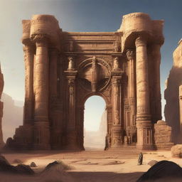 A colossal structure on a desert planet: a titanic portal elaborately carved into a rock face, dwarfing a smaller gateway situated in front of it, deeply detailed as if made from wood