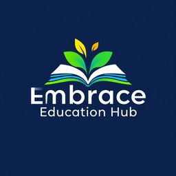 A modern and vibrant logo for 'Embrace Education Hub', featuring a stylized open book symbol to represent knowledge and learning