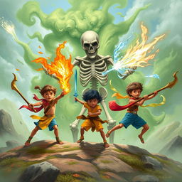 Three brave children equipped with mystical weapons: one child wields an Agniastra (fire weapon), another brandishes a Jalastra (water weapon), and the last holds a Vayuastra (air weapon)