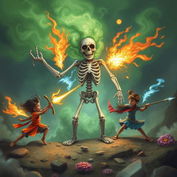 Three brave children equipped with mystical weapons: one child wields an Agniastra (fire weapon), another brandishes a Jalastra (water weapon), and the last holds a Vayuastra (air weapon)