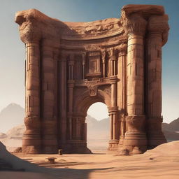 A colossal structure on a desert planet: a titanic portal elaborately carved into a rock face, dwarfing a smaller gateway situated in front of it, deeply detailed as if made from wood