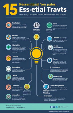 A visually appealing infographic featuring 15 essential traits to build a successful business, with each trait represented by unique and engaging icons