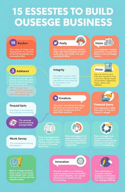 A visually appealing infographic featuring 15 essential traits to build a successful business, with each trait represented by unique and engaging icons