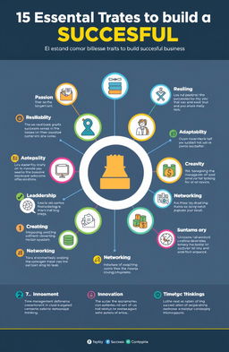 A visually appealing infographic featuring 15 essential traits to build a successful business, with each trait represented by unique and engaging icons