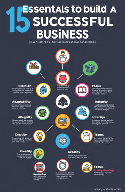 A visually appealing infographic featuring 15 essential traits to build a successful business, with each trait represented by unique and engaging icons