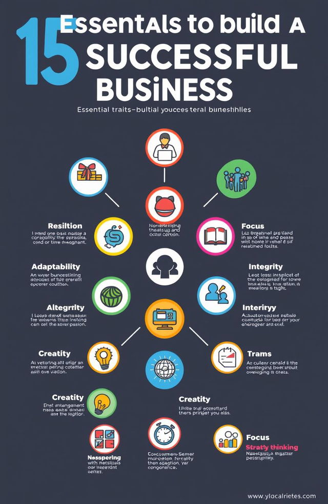 A visually appealing infographic featuring 15 essential traits to build a successful business, with each trait represented by unique and engaging icons