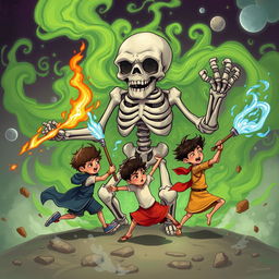 Three children, each wielding unique mystical weapons: one with an Agniastra (fire weapon), another with a Jalastra (water weapon), and the third with a Vayuastra (air weapon), are courageously attacking a gigantic, plump skeleton enveloped in swirling green smoke
