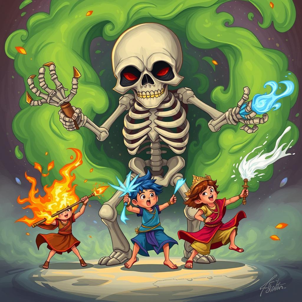 Three children, each wielding unique mystical weapons: one with an Agniastra (fire weapon), another with a Jalastra (water weapon), and the third with a Vayuastra (air weapon), are courageously attacking a gigantic, plump skeleton enveloped in swirling green smoke