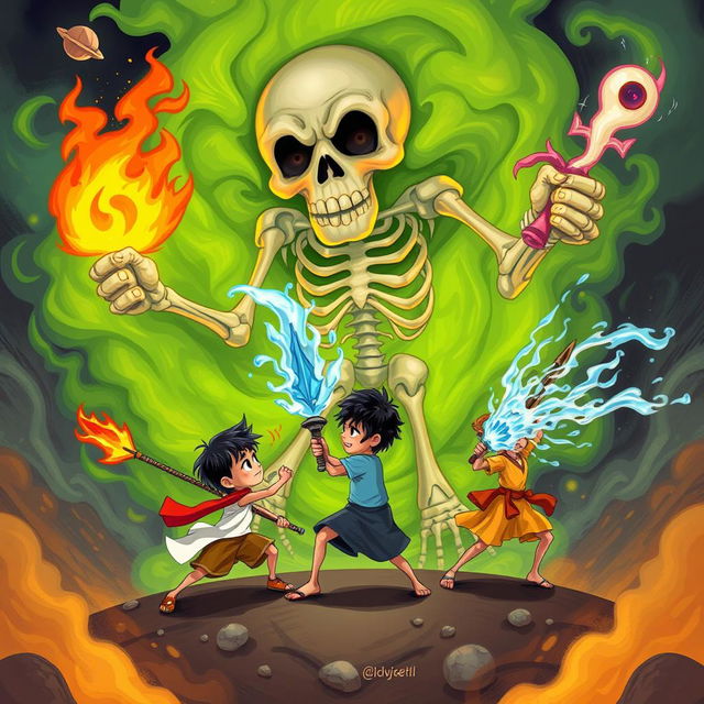 Three children, each wielding unique mystical weapons: one with an Agniastra (fire weapon), another with a Jalastra (water weapon), and the third with a Vayuastra (air weapon), are courageously attacking a gigantic, plump skeleton enveloped in swirling green smoke